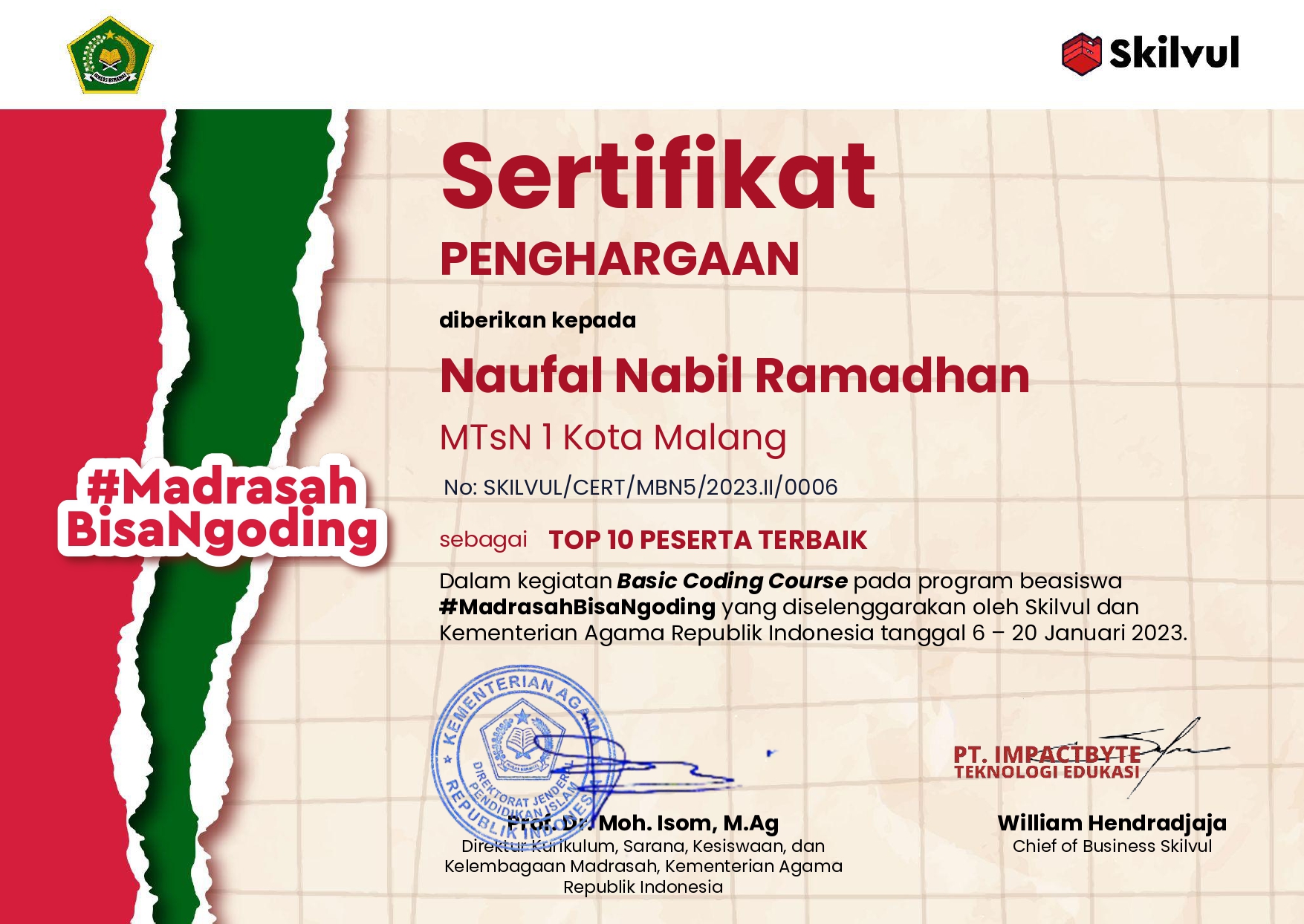 SERTIFIKAT TOP 10 BASIC CODING COURSE NASIONAL